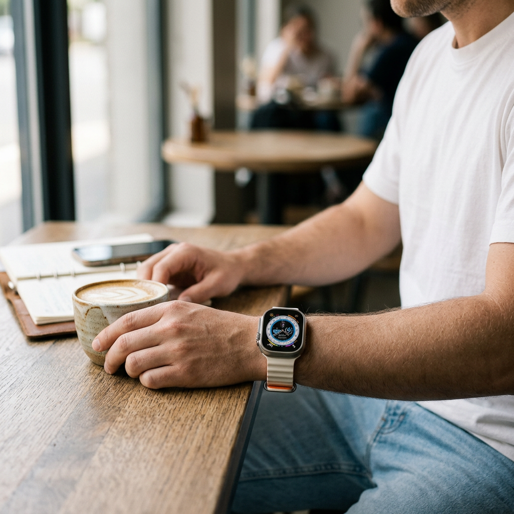 Apple Watch met Devia Dual color siliconen sportbandje in Starlight + Oranje, gedragen aan de pols tijdens een café-moment met koffie en notitieboek