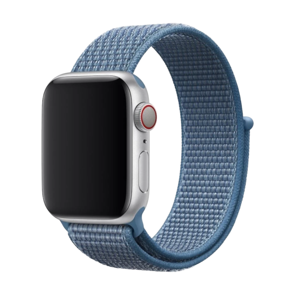 Mywatchband Blauw nylon Apple Watch bandje met klittenbandsluiting, comfortabel en ademend.