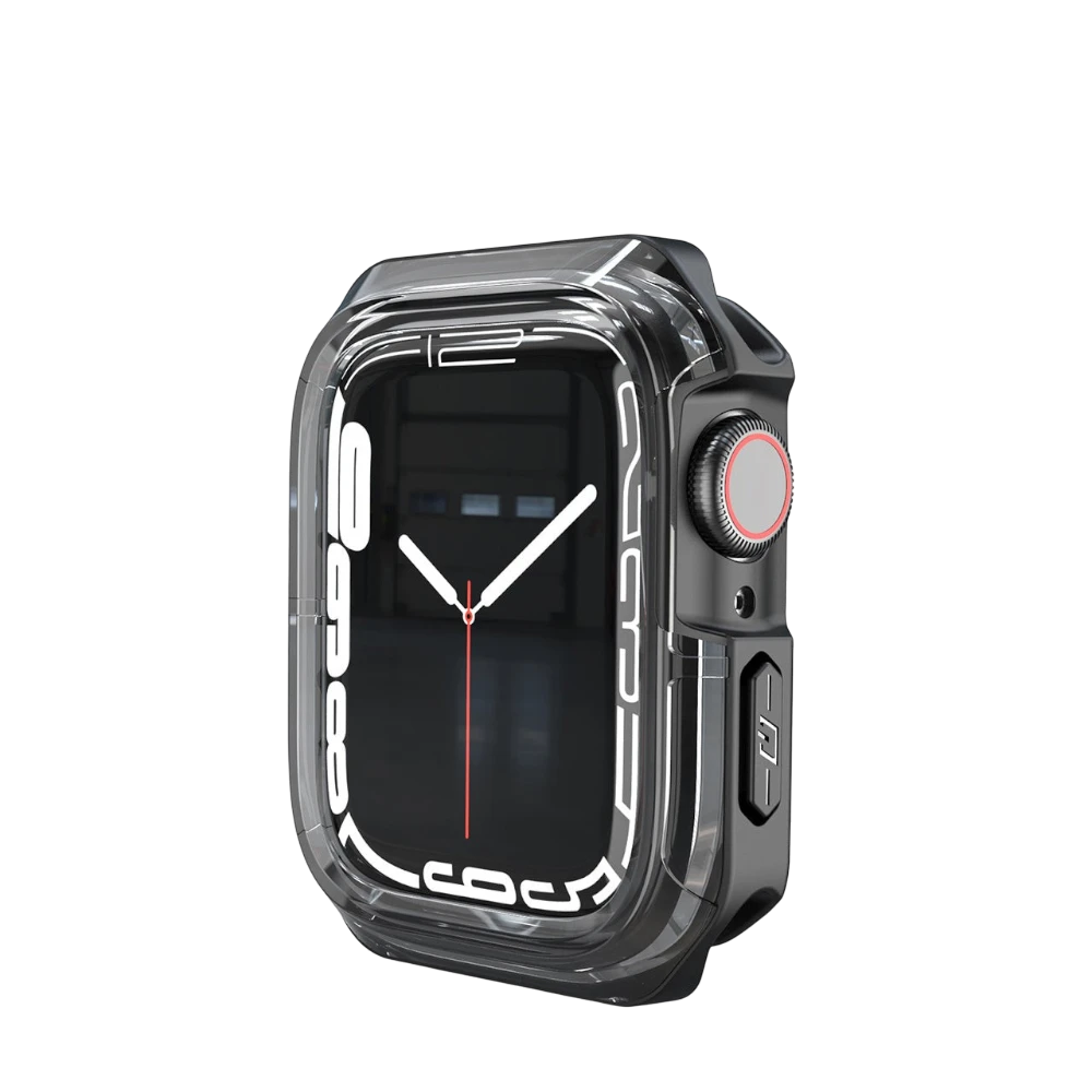 Mywatchband schokbestendige Apple Watch case, transparant zwart, van hard PC en zacht TPU materiaal.