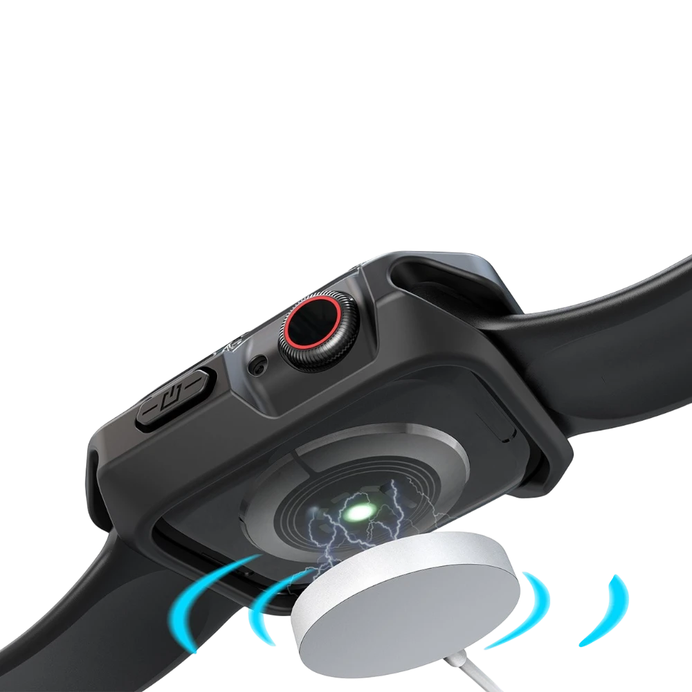 Mywatchband schokbestendige transparant zwarte Apple Watch case met open scherm en knoppen.