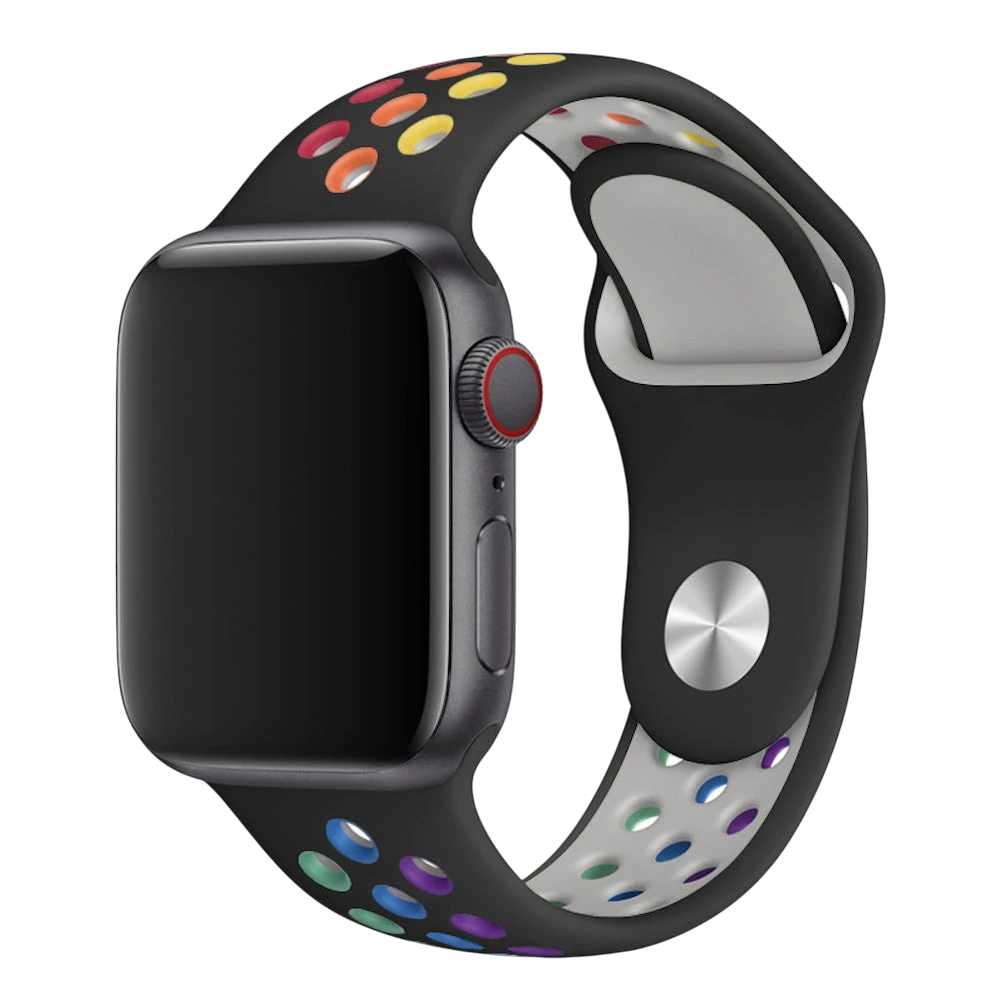 Mywatchband Apple Watch sportbandje in zwart siliconen met rainbow gaatjesstructuur voor ventilatie en kleurrijke look.