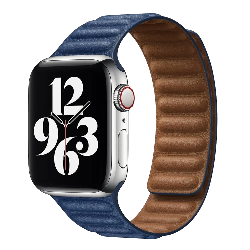 Mywatchband leren Apple Watch bandje two-tone midnight blauw met bruine binnenzijde en magneetsluiting.