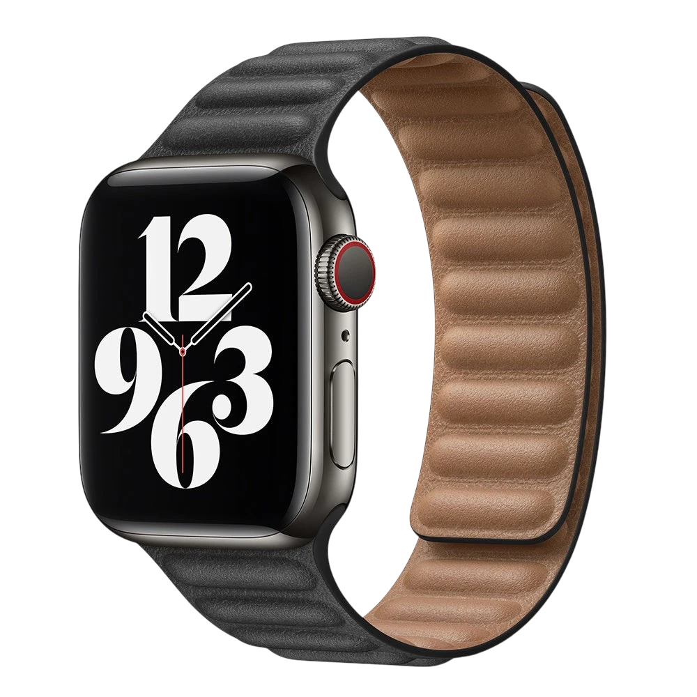 Mywatchband leren Apple Watch bandje two-tone zwart met bruine binnenzijde en magneetsluiting.