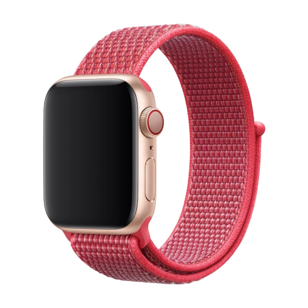 Mywatchband Rood nylon Apple Watch bandje met klittenbandsluiting, comfortabel en ademend.