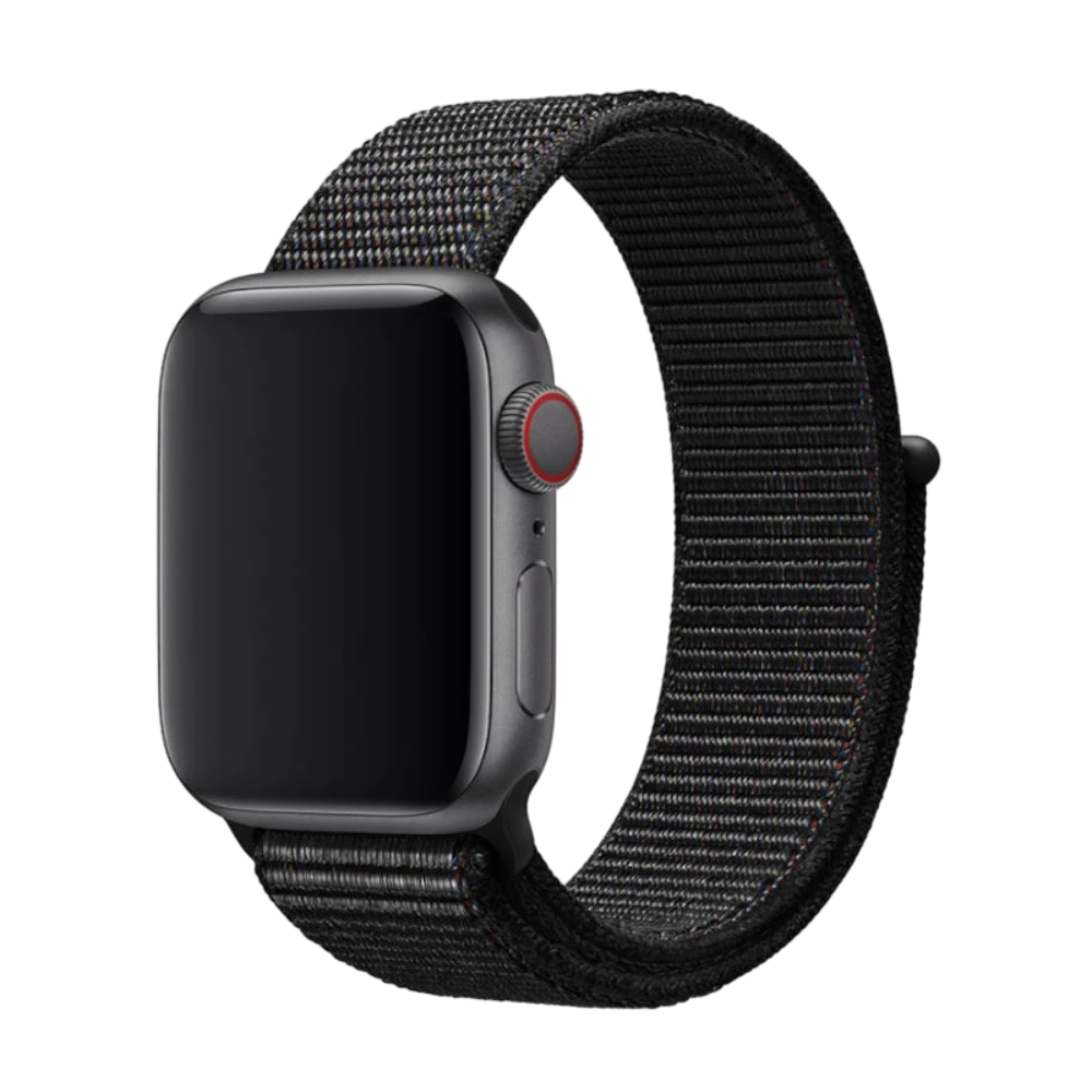Mywatchband Zwart nylon Apple Watch bandje met klittenbandsluiting, comfortabel en ademend.