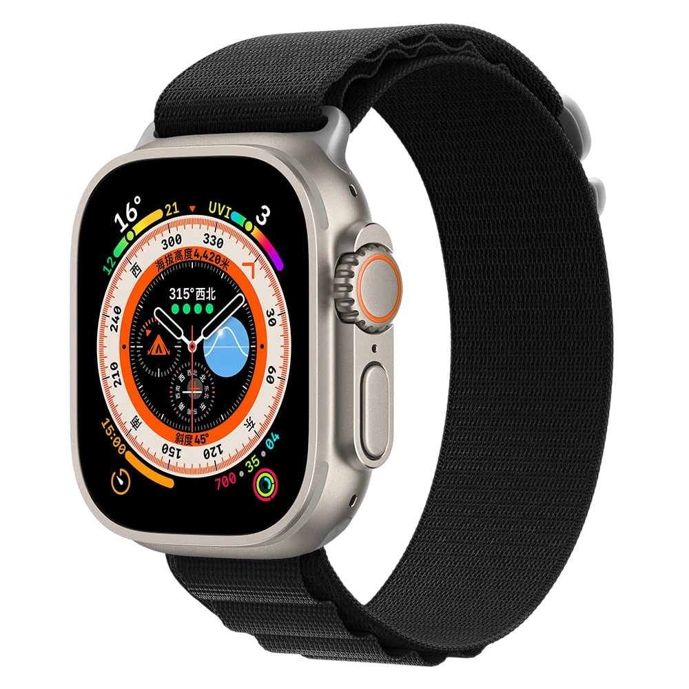 Mywatchband Zwart stretchy nylon Apple Watch sportbandje met haaksluiting, comfortabel en lichtgewicht.