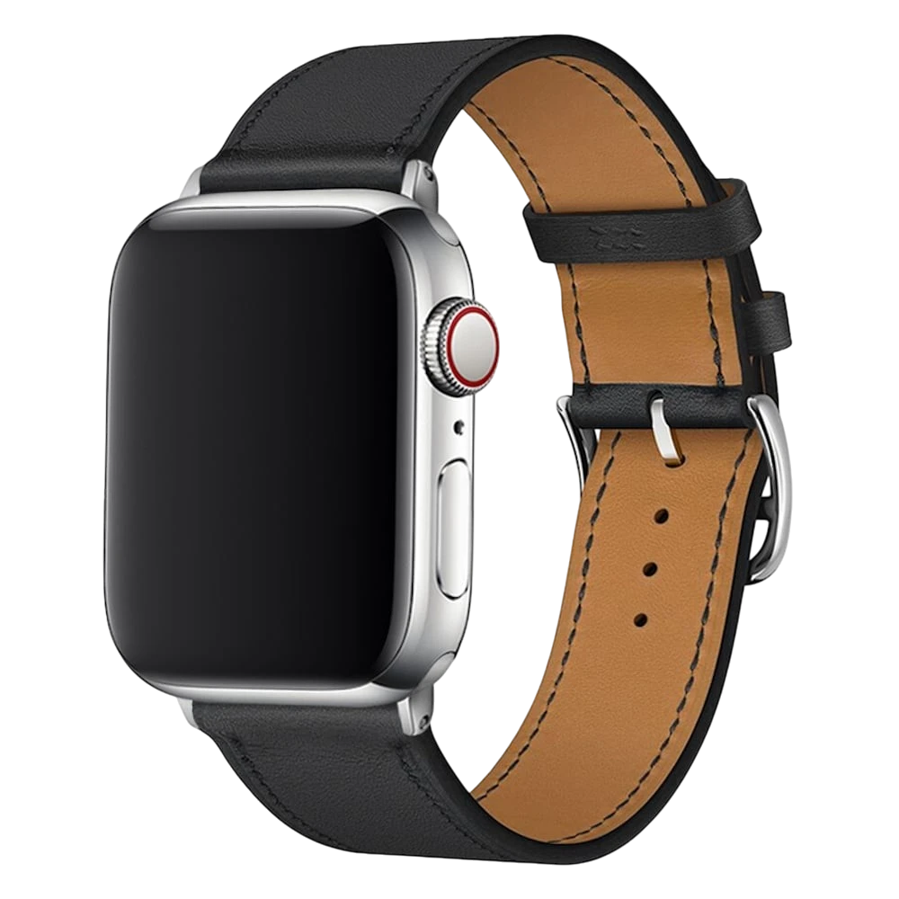 Mywatchband Zwart PU leren Apple Watch bandje met bruine binnenzijde en metalen gesp.