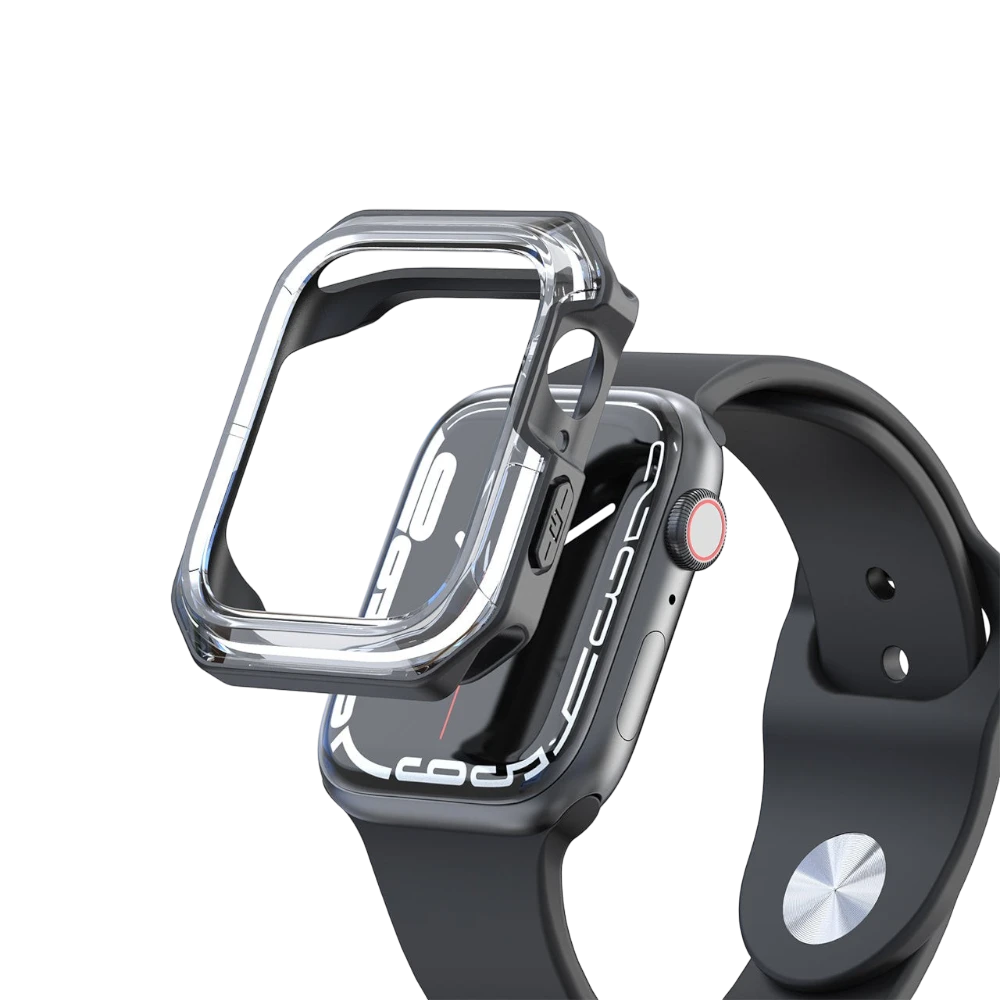 Mywatchband schokbestendige Apple Watch case in transparant zwart, gemaakt van PC en TPU, met open scherm.