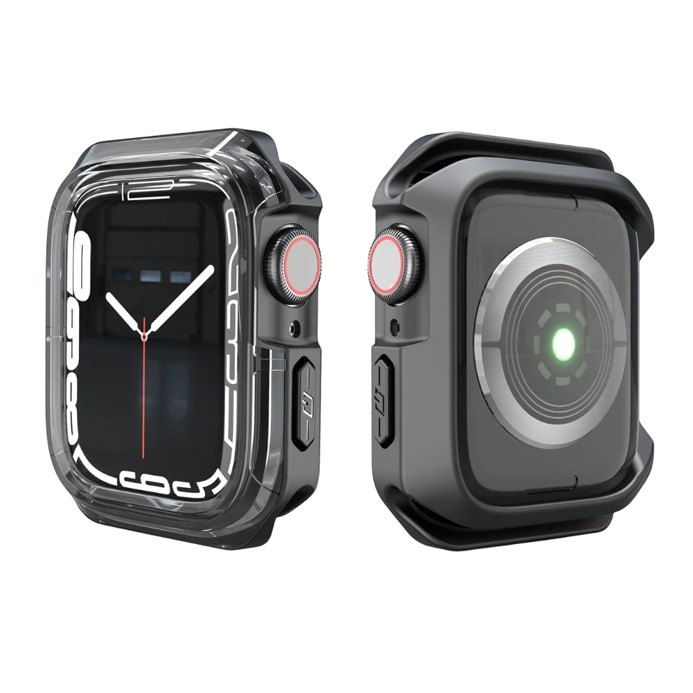 Mywatchband schokbestendige Apple Watch case in transparant zwart, gemaakt van PC en TPU, met open scherm en knoppen.