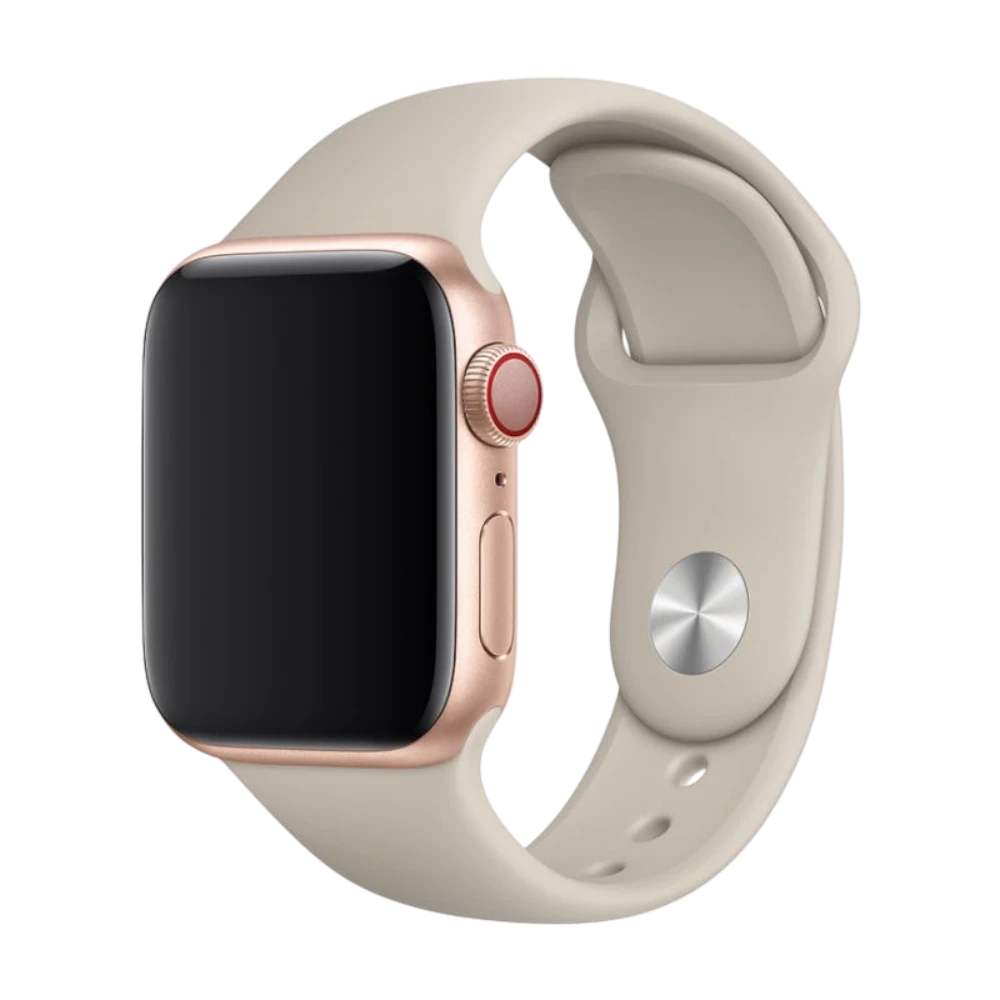 Mywatchband beige siliconen Apple Watch sportbandje, comfortabel en stijlvol voor dagelijks gebruik en sport.