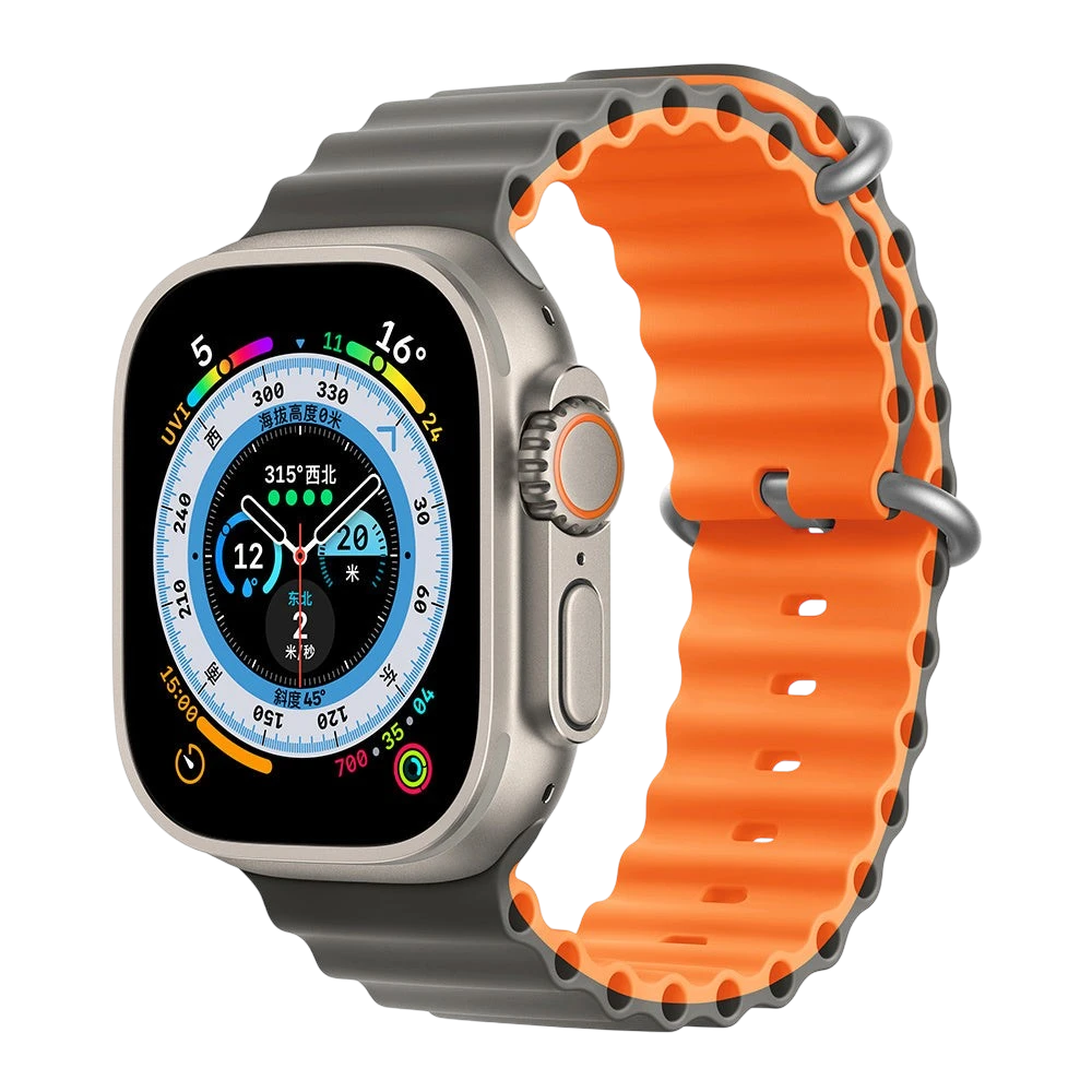 Mywatchband Apple Watch sportbandje dual color grijs en oranje, gemaakt van flexibel siliconen materiaal.