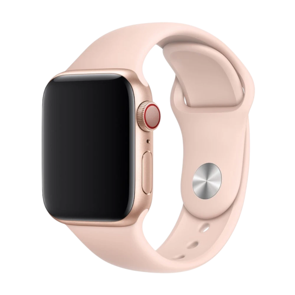 Mywatchband Apple Watch sport bandje in lichtroze siliconen, comfortabel en flexibel voor dagelijks gebruik.
