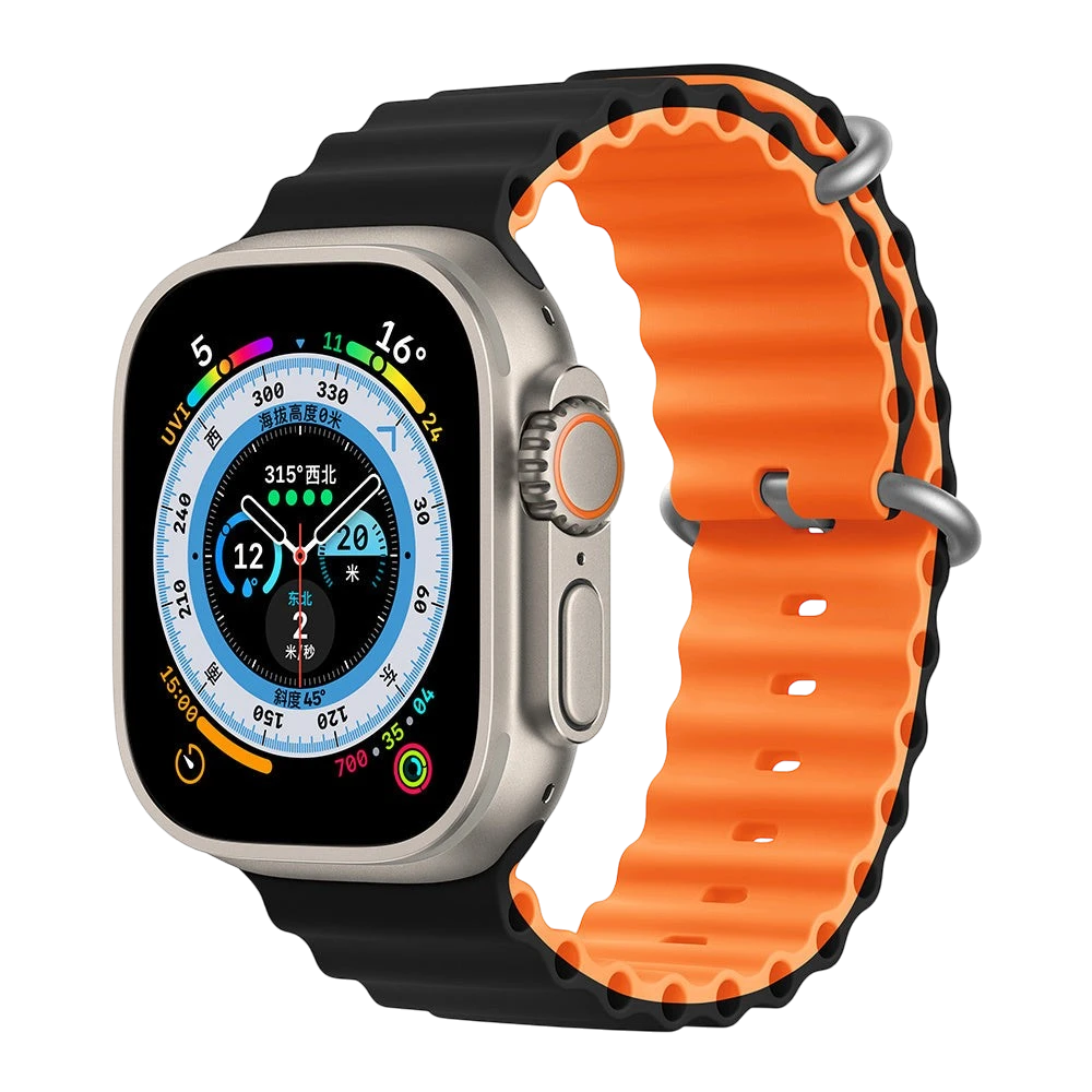 Mywatchband Apple Watch sport bandje dual color zwart en oranje, gemaakt van flexibel siliconen materiaal.