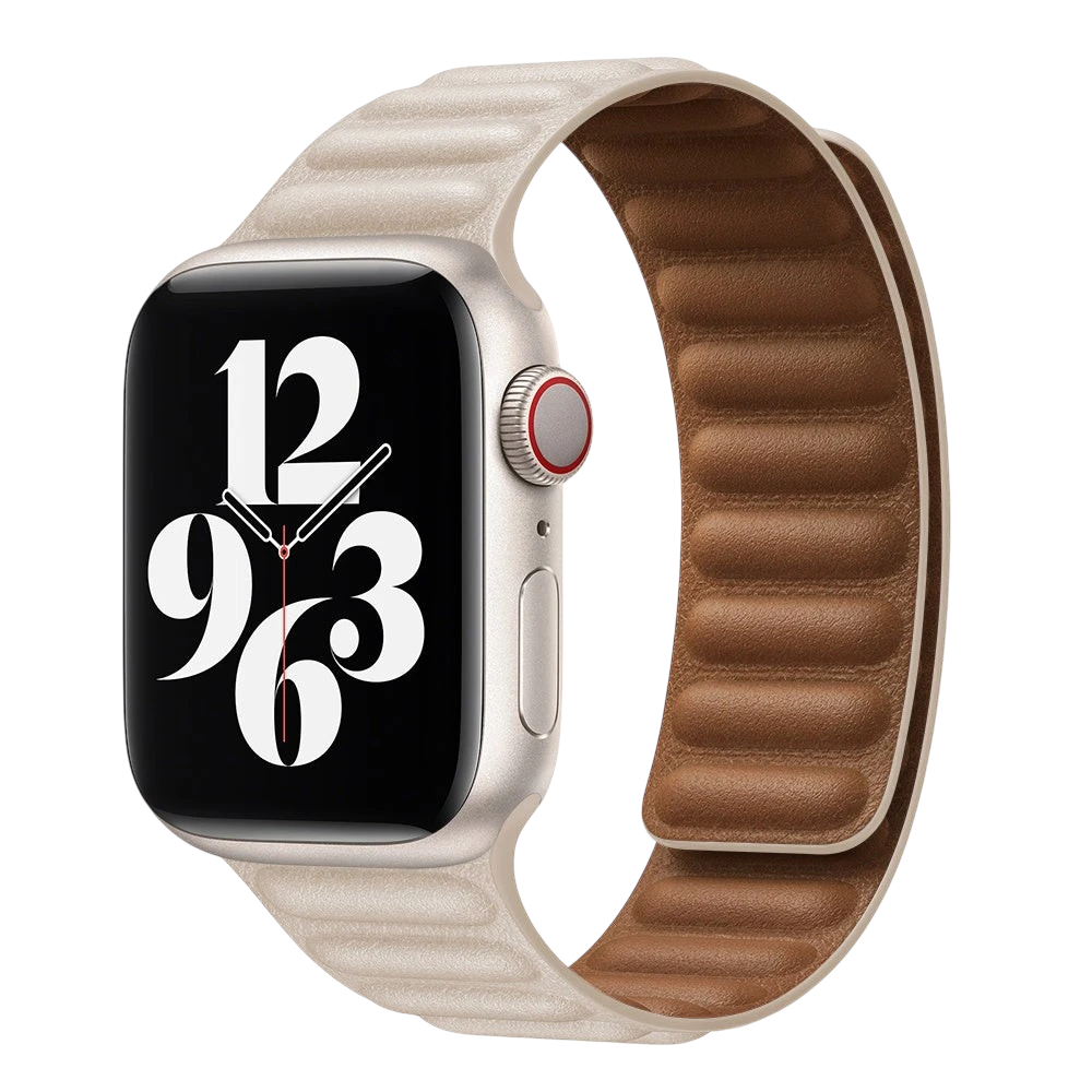 Mywatchband leren Apple Watch bandje two-tone starlight met bruine binnenzijde en magneetsluiting.