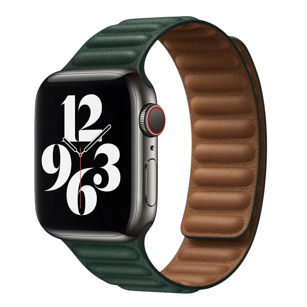 Mywatchband leren Apple Watch bandje two-tone donkergroen met bruine binnenzijde en magneetsluiting.
