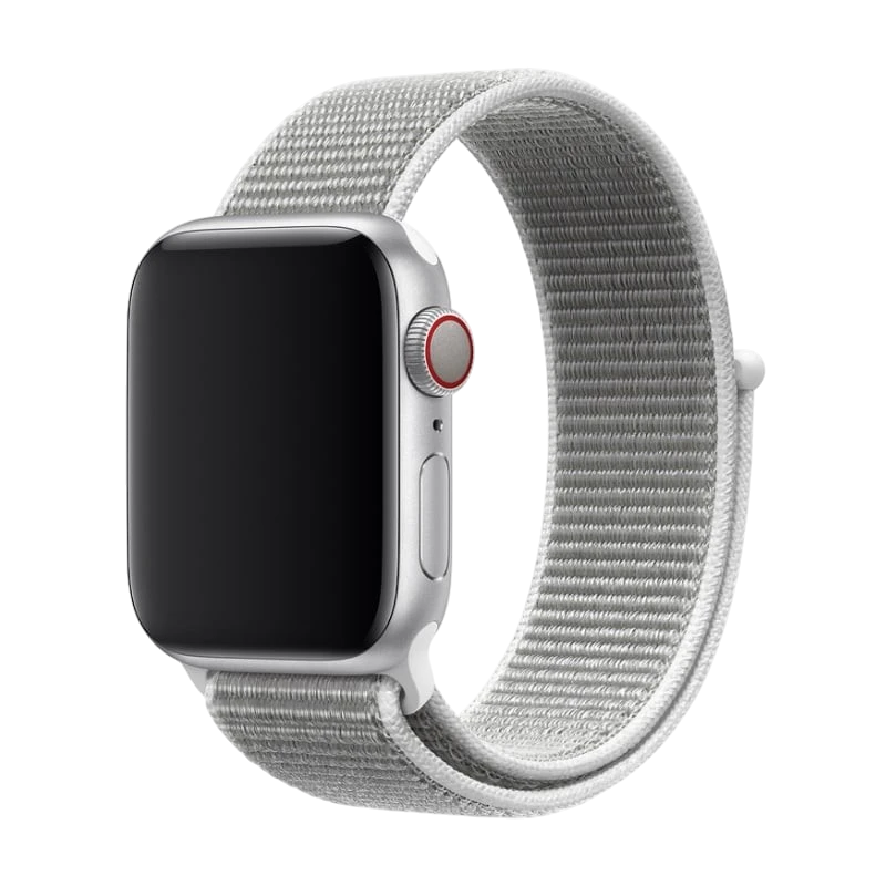 Mywatchband Grijs nylon Apple Watch bandje met klittenbandsluiting, comfortabel en ademend.