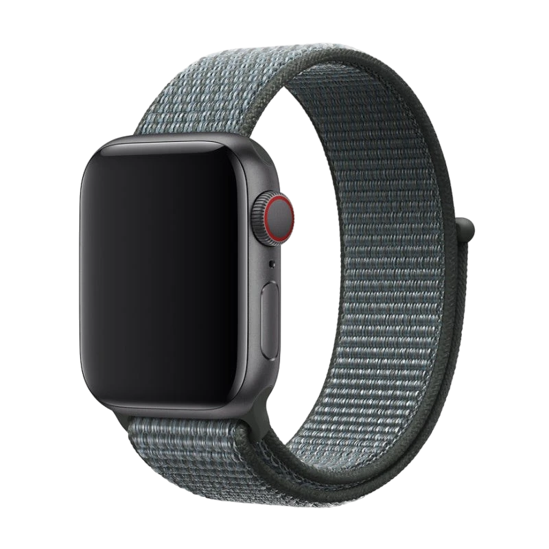Mywatchband Grijs nylon Apple Watch bandje met klittenbandsluiting, comfortabel en ademend.