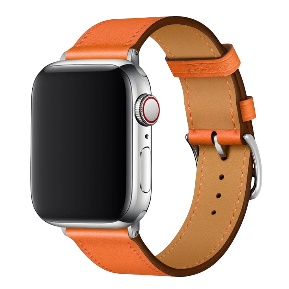 Mywatchband Oranje PU leren Apple Watch bandje met bruine binnenzijde en metalen gesp.