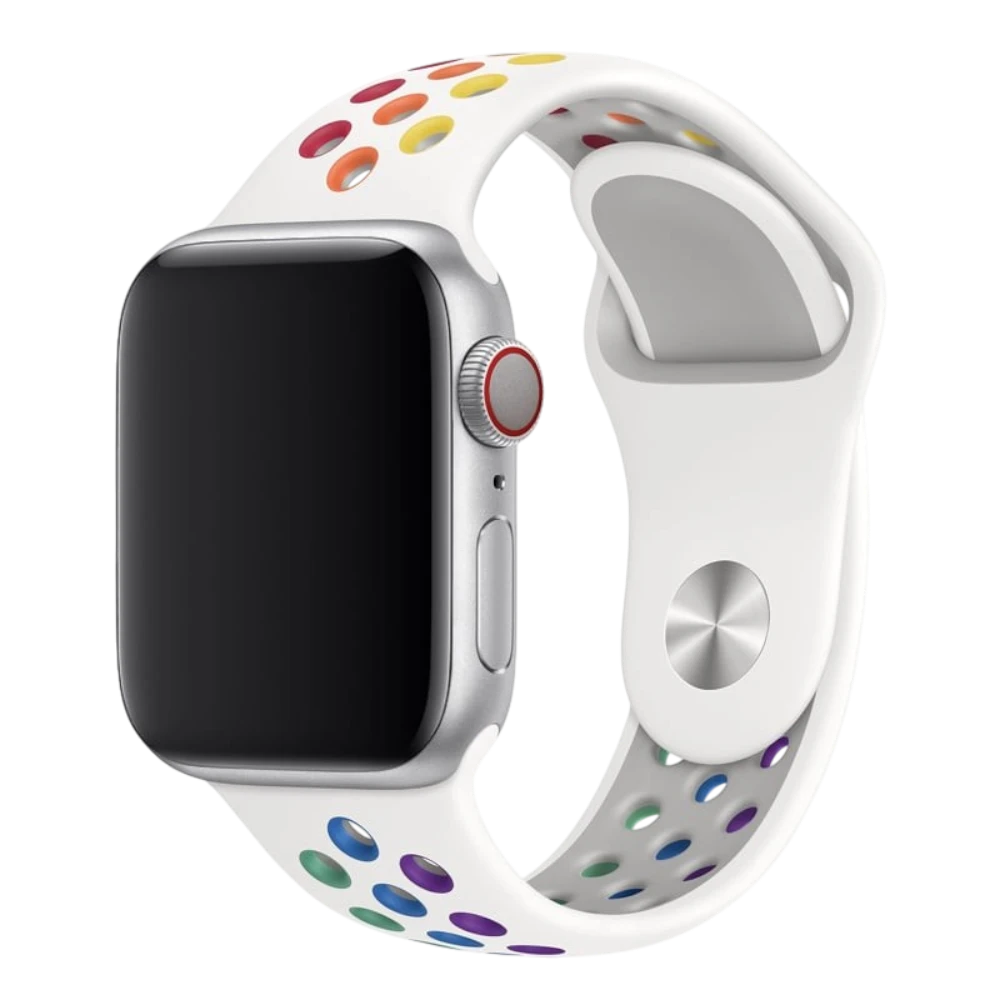 Mywatchband wit siliconen Apple Watch sportbandje met rainbow gaatjes, ideaal voor sport.