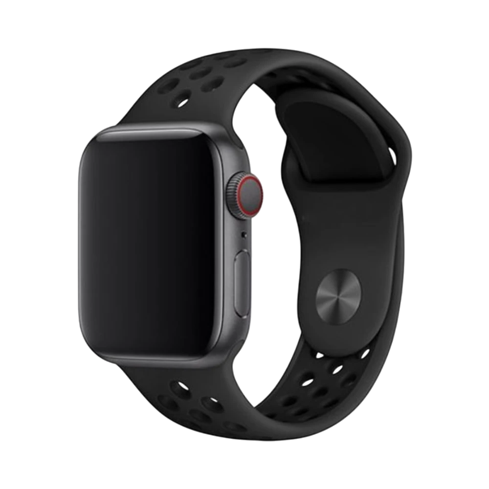 Mywatchband Zwart siliconen Apple Watch sportbandje met geperforeerde gaatjes voor ventilatie.