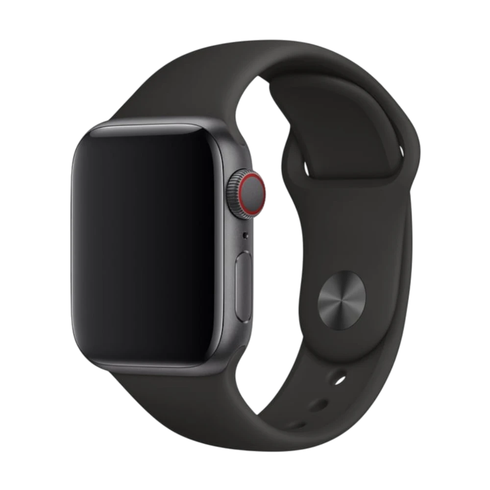 Mywatchband Zwart siliconen sportbandje voor Apple Watch, comfortabel en flexibel.
