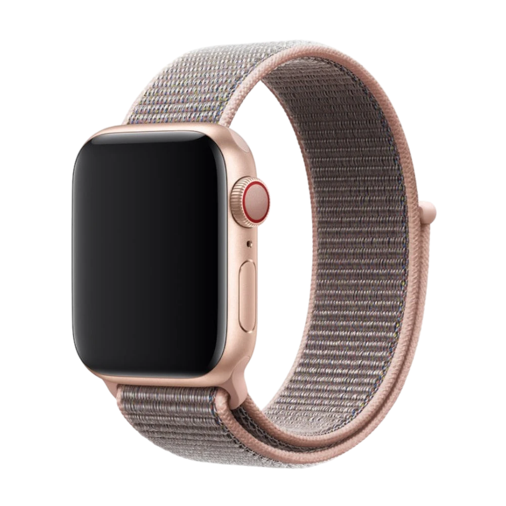 MywatchbandHere nylon Apple Watch bandje in lichtroze met klittenbandsluiting. Comfortabel en ademend.